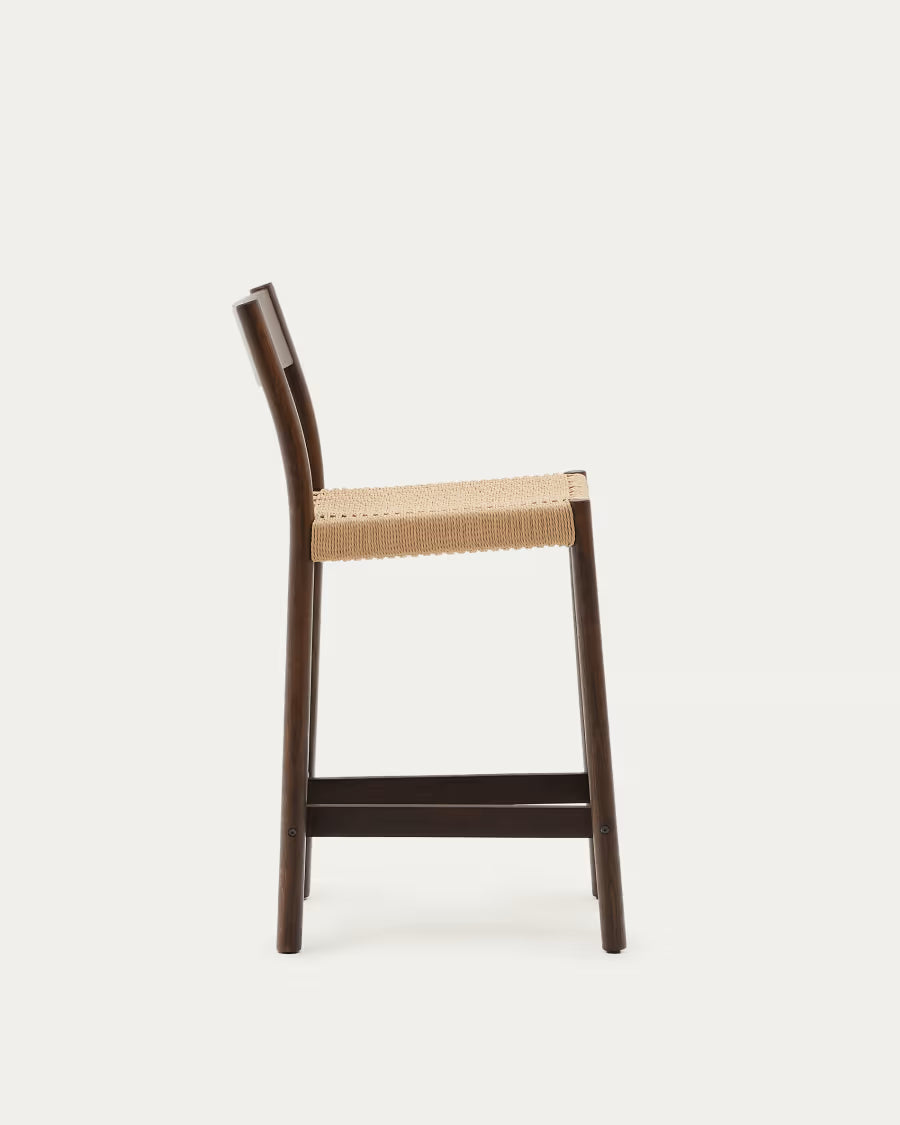 Kave Home Yalia Stool with Backrest in Solid Oak Wood with Walnut Finish and Rope Seat, 65 cm, FSC Mix Credit