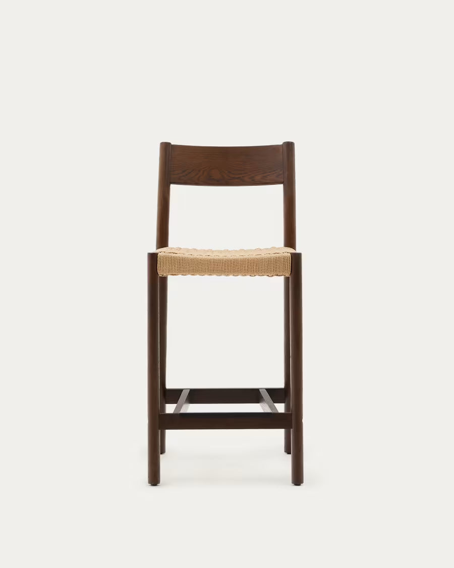 Kave Home Yalia Stool with Backrest in Solid Oak Wood with Walnut Finish and Rope Seat, 65 cm, FSC Mix Credit