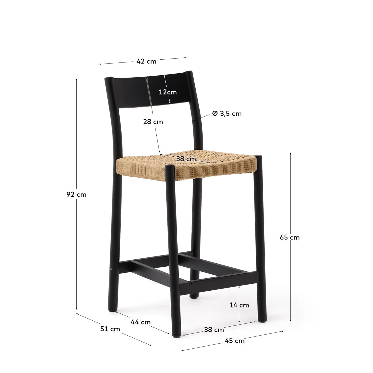 Kave Home Yalia Stool with Backrest in Solid Oak Wood with Black Finish and Rope Seat, 65 cm, FSC Mix Credit