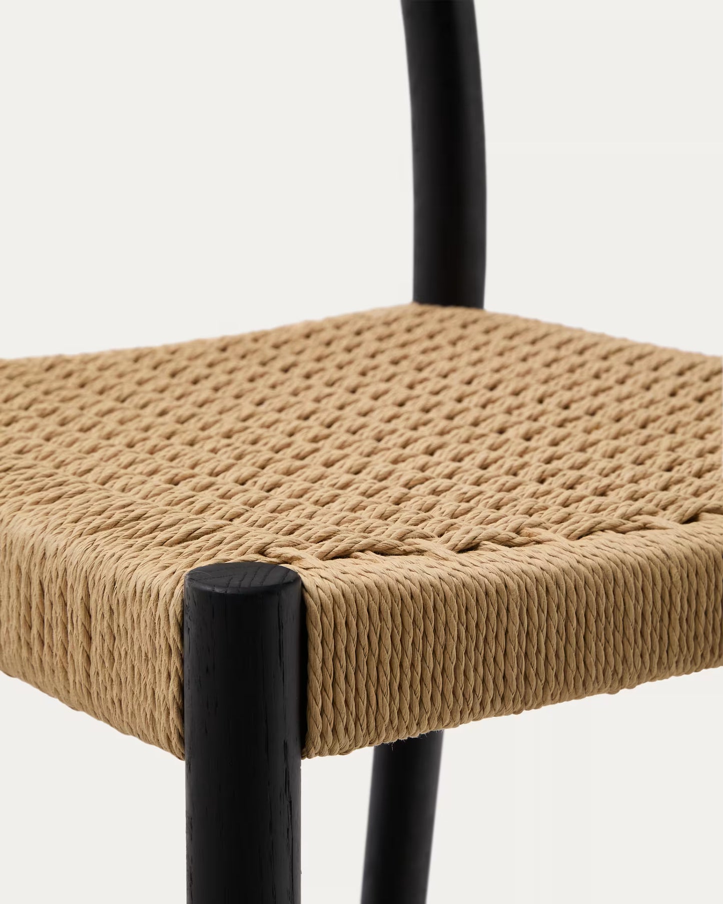 Kave Home Yalia Stool with Backrest in Solid Oak Wood with Black Finish and Rope Seat, 65 cm, FSC Mix Credit