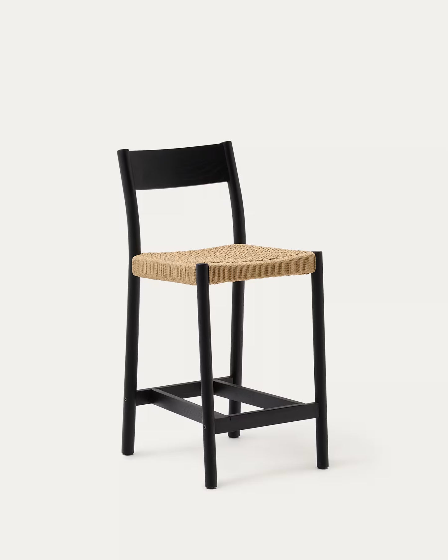 Kave Home Yalia Stool with Backrest in Solid Oak Wood with Black Finish and Rope Seat, 65 cm, FSC Mix Credit