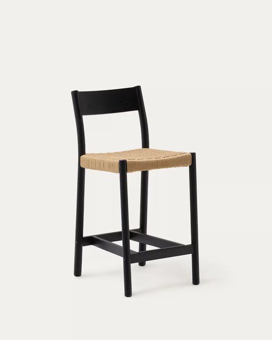 Kave Home Yalia Stool with Backrest in Solid Oak Wood with Black Finish and Rope Seat, 65 cm, FSC Mix Credit