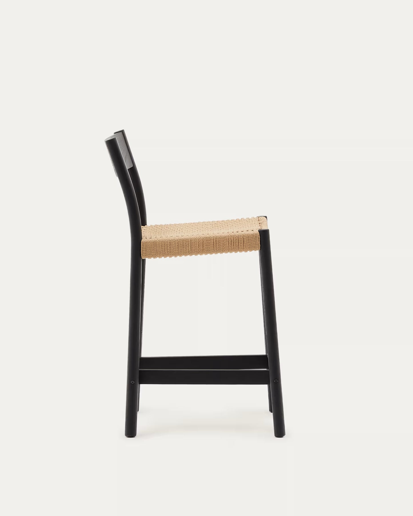 Kave Home Yalia Stool with Backrest in Solid Oak Wood with Black Finish and Rope Seat, 65 cm, FSC Mix Credit