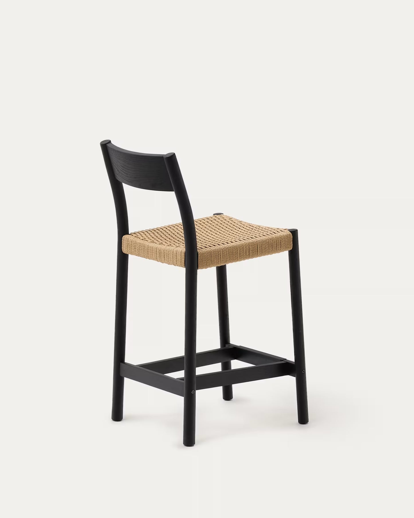 Kave Home Yalia Stool with Backrest in Solid Oak Wood with Black Finish and Rope Seat, 65 cm, FSC Mix Credit