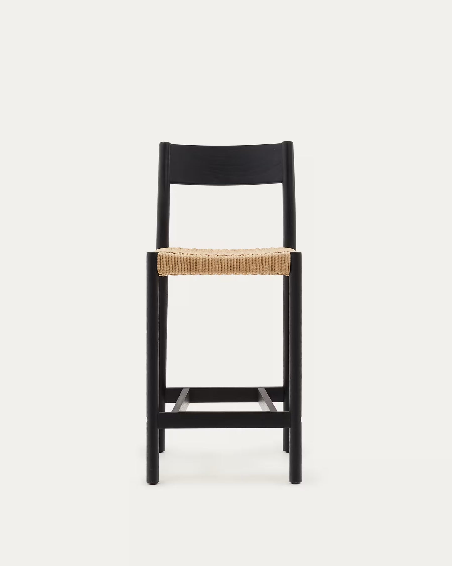 Kave Home Yalia Stool with Backrest in Solid Oak Wood with Black Finish and Rope Seat, 65 cm, FSC Mix Credit