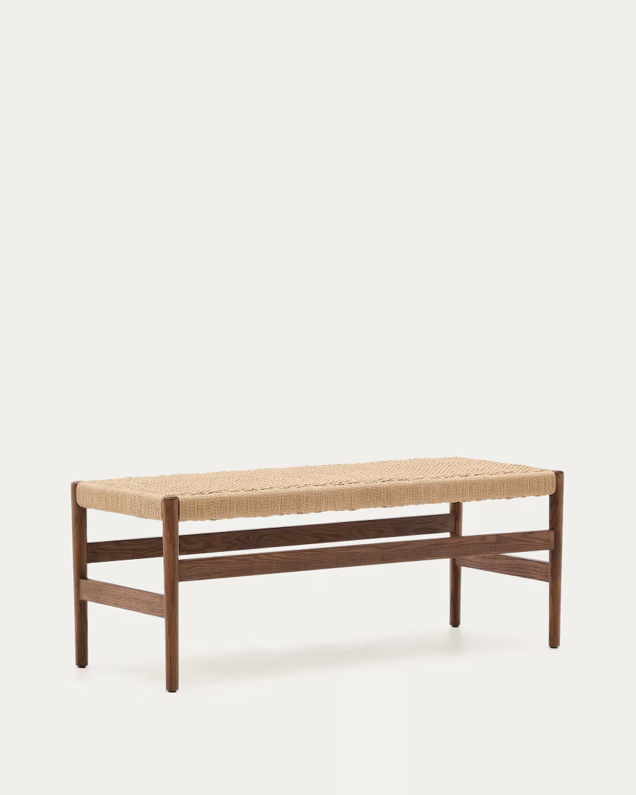 Kave Home Zaide Bench in Solid Oak Wood with Walnut Finish and Rope Seat, 120 cm, FSC Mix Credit