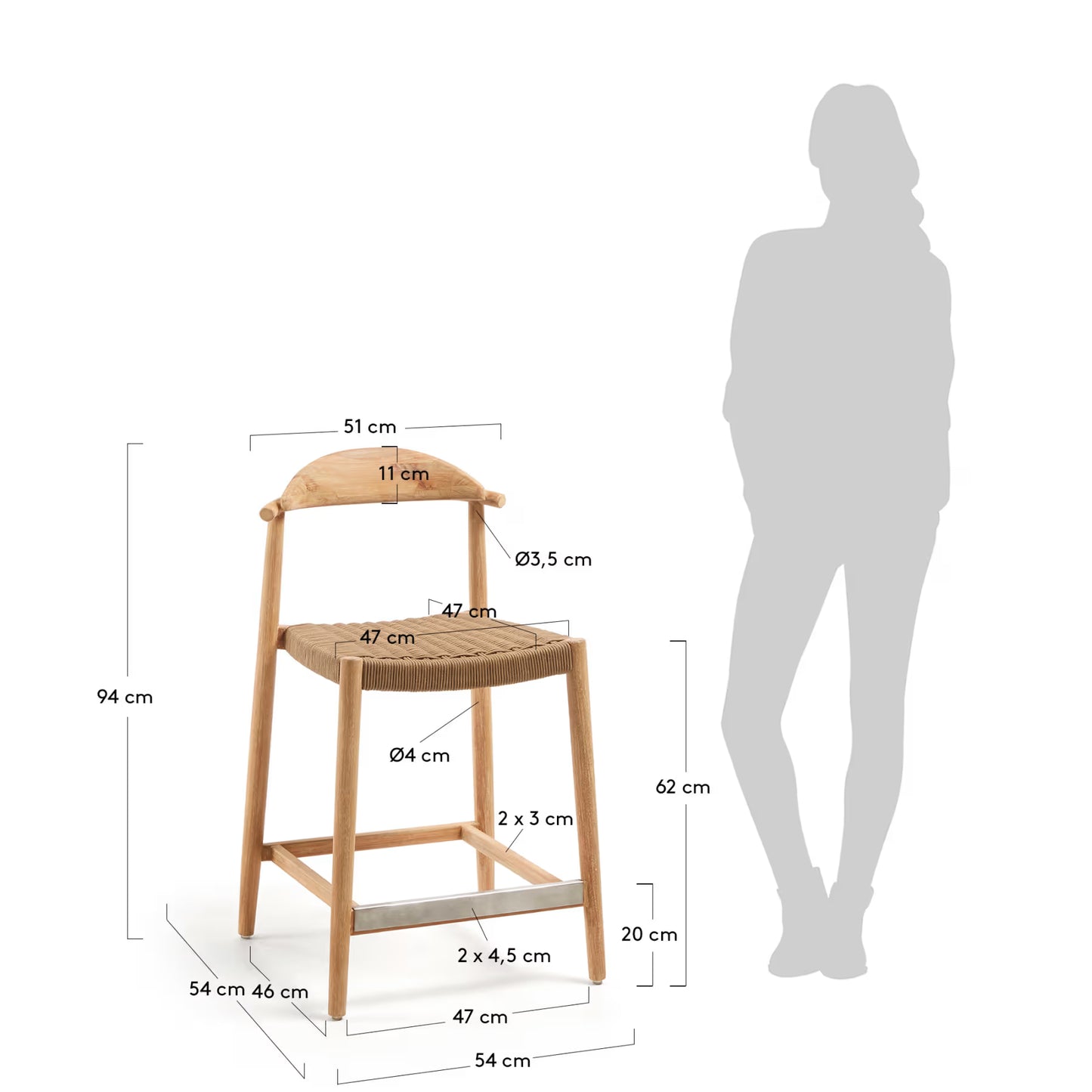 Kave Home Nina Stool in Solid Acacia Wood Height 62 cm