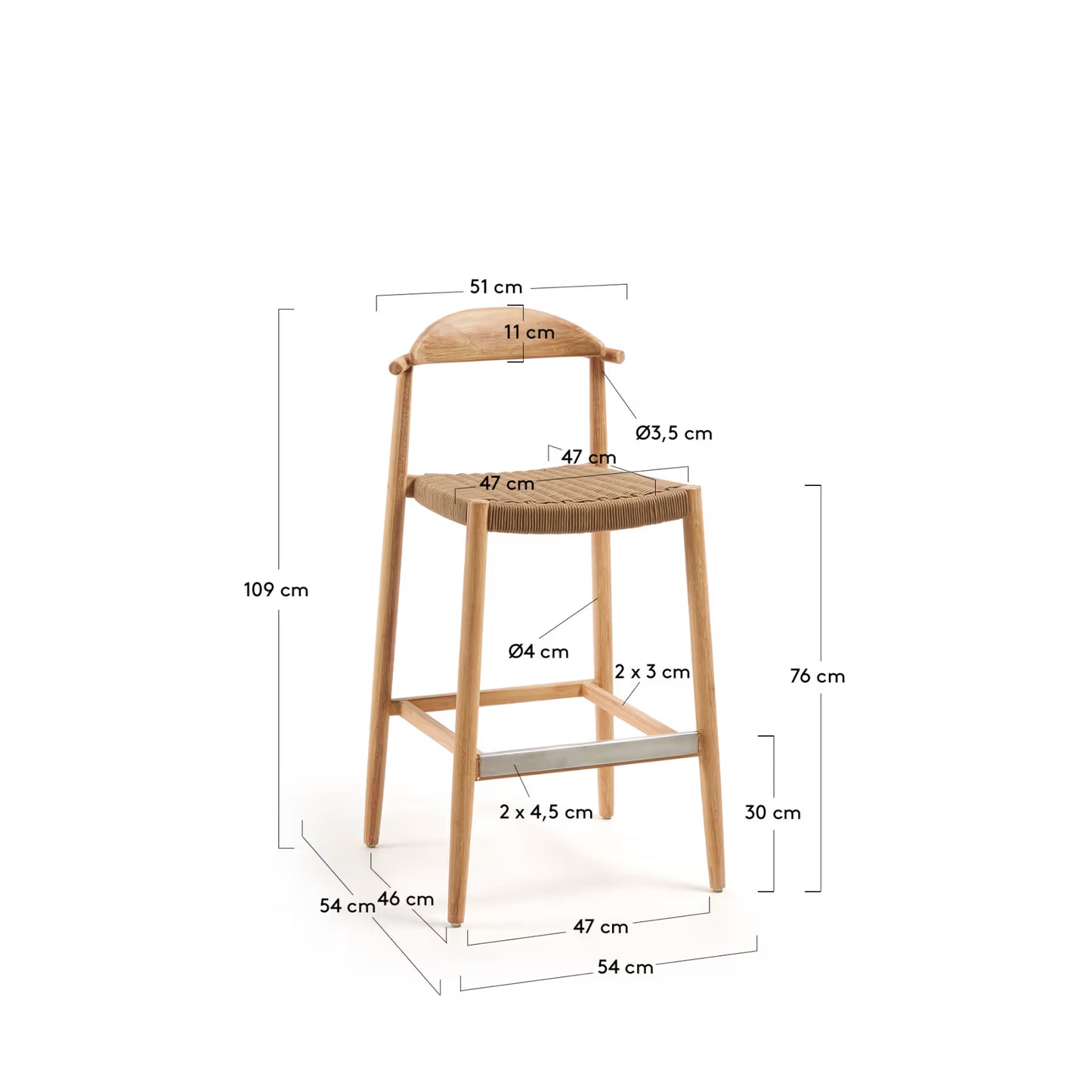 Kave Home Nina Stool in Solid Acacia Wood, Height 76 cm FSC 100%