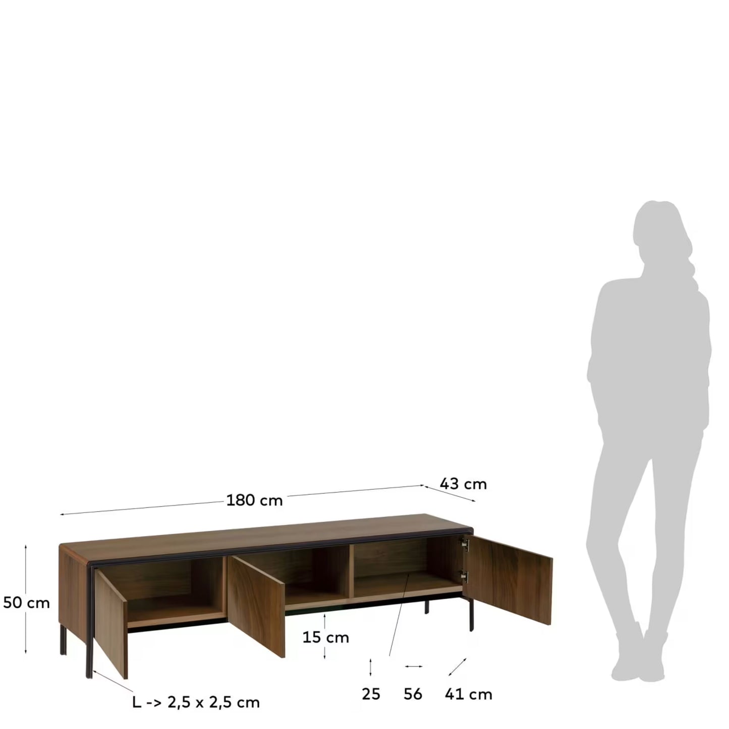 Kave Home Nadyria Walnut Wood Veneer 3 Door TV Stand with Black Finish Steel, 180 x 50 cm