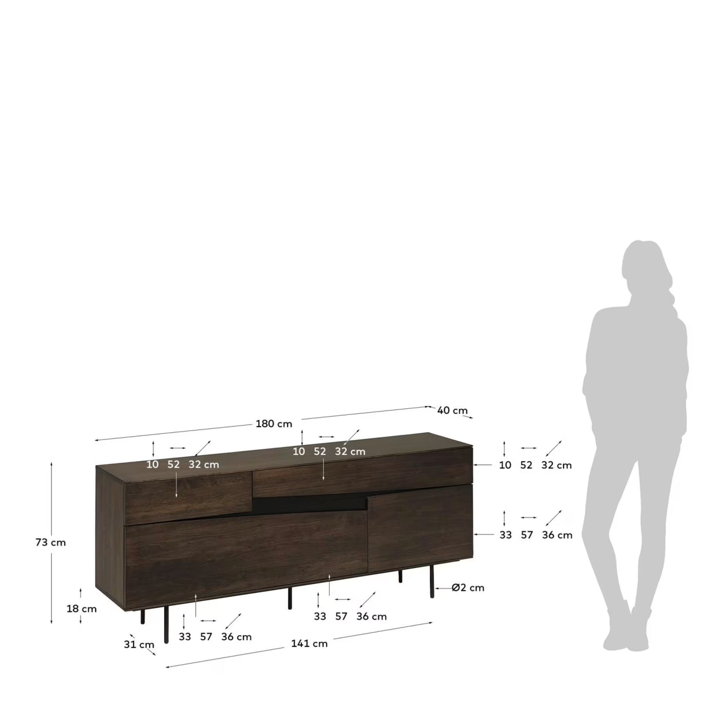 Kave Home Cutt American Walnut Veneer Sideboard w/ 2 Doors, 2 Drawers & Black Steel, 180 x 73 cm
