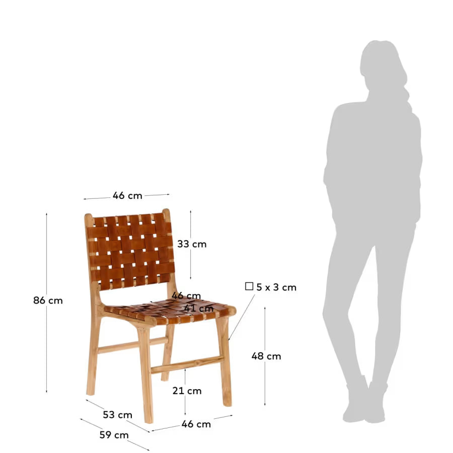 Kave Home Calixta Chair in Leather and Solid Teak Wood with Natural Finish