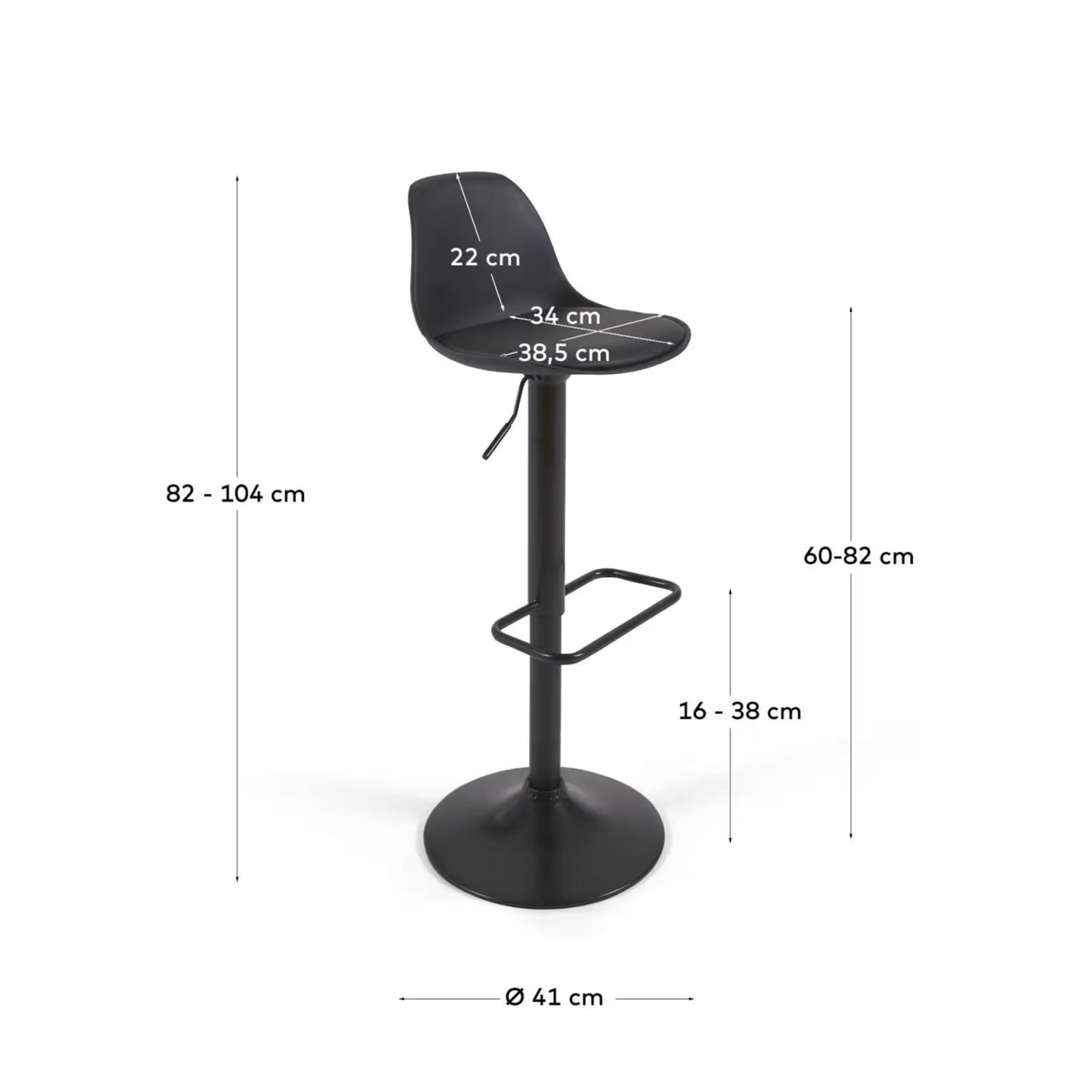 Kave Home Orlando-T Barstool - Black Polyurethane and Matt Black Steel 60-82 cm