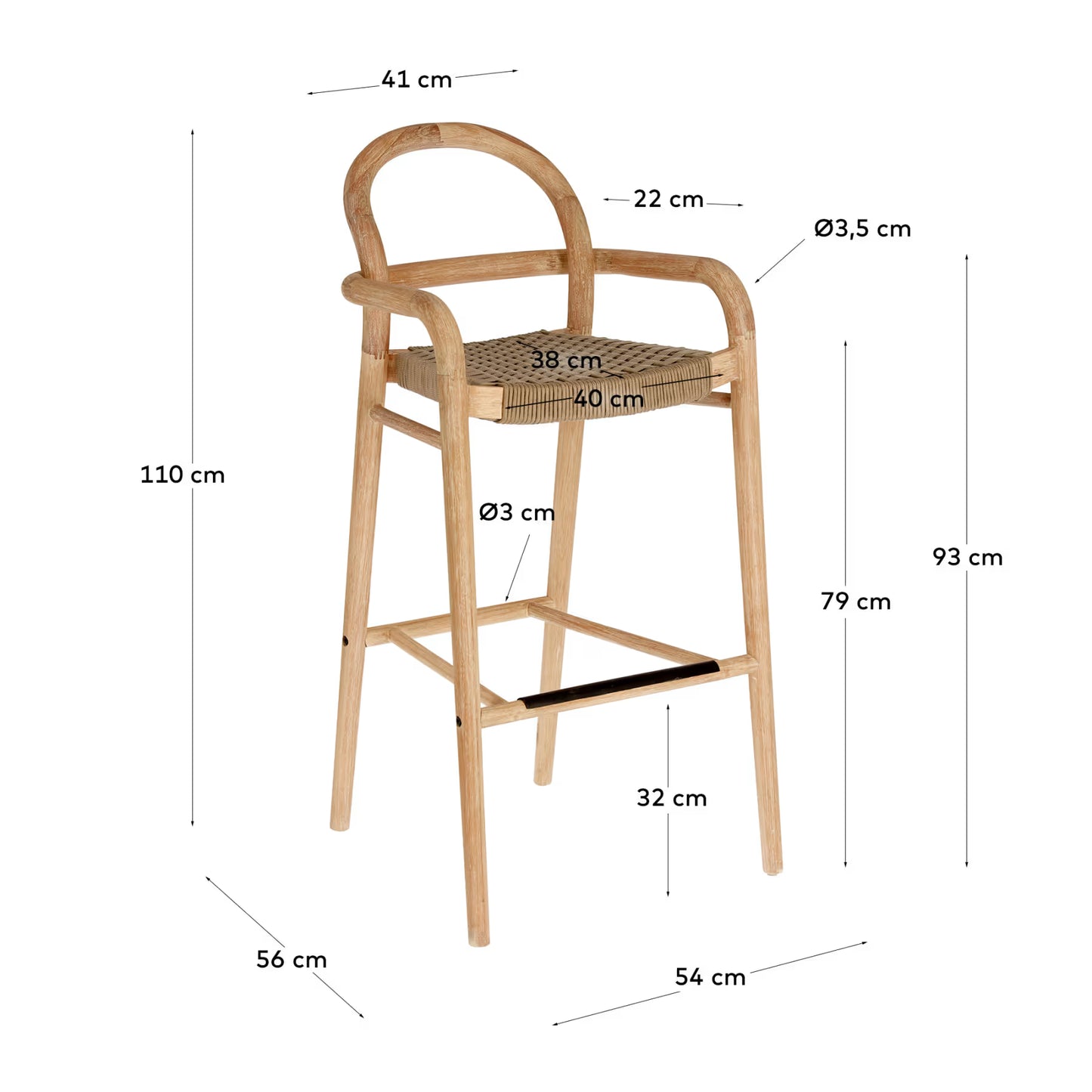 Kave Home Sheryl Stool Made from Solid Eucalyptus and Beige Cord 79 cm FSC 100%