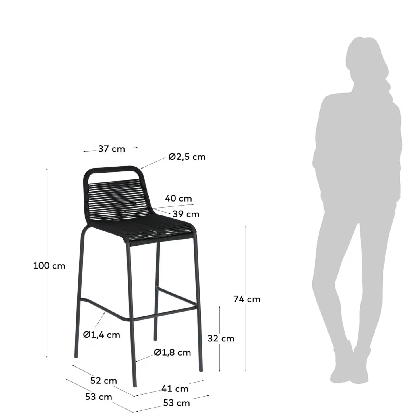 Kave Home Lambton stackable stool in black rope and black finish steel, 74 cm