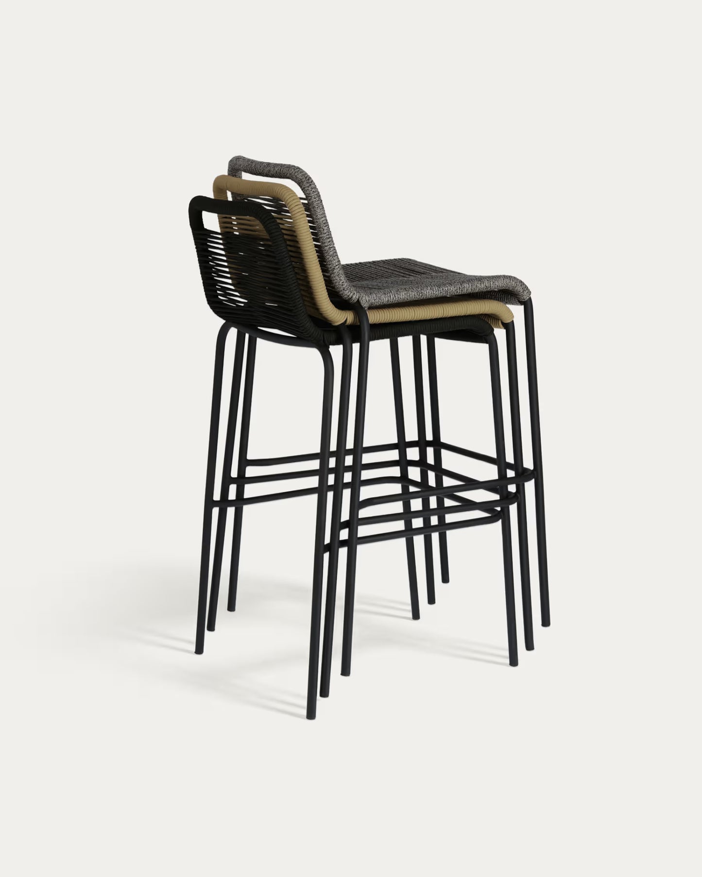 Kave Home Lambton stackable stool in black rope and black finish steel, 74 cm