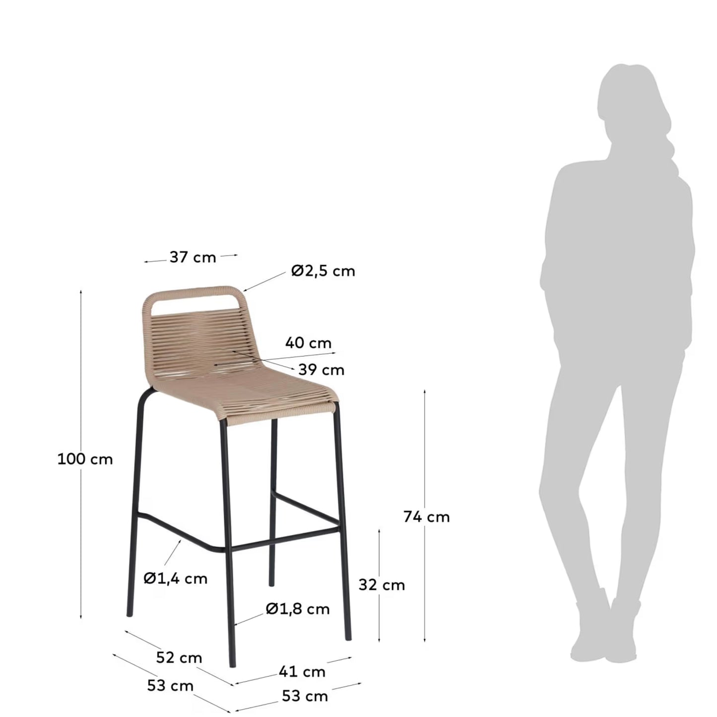 Kave Home Lambton Stackable Stool in Brown Rope and Black Finish Steel 74 cm