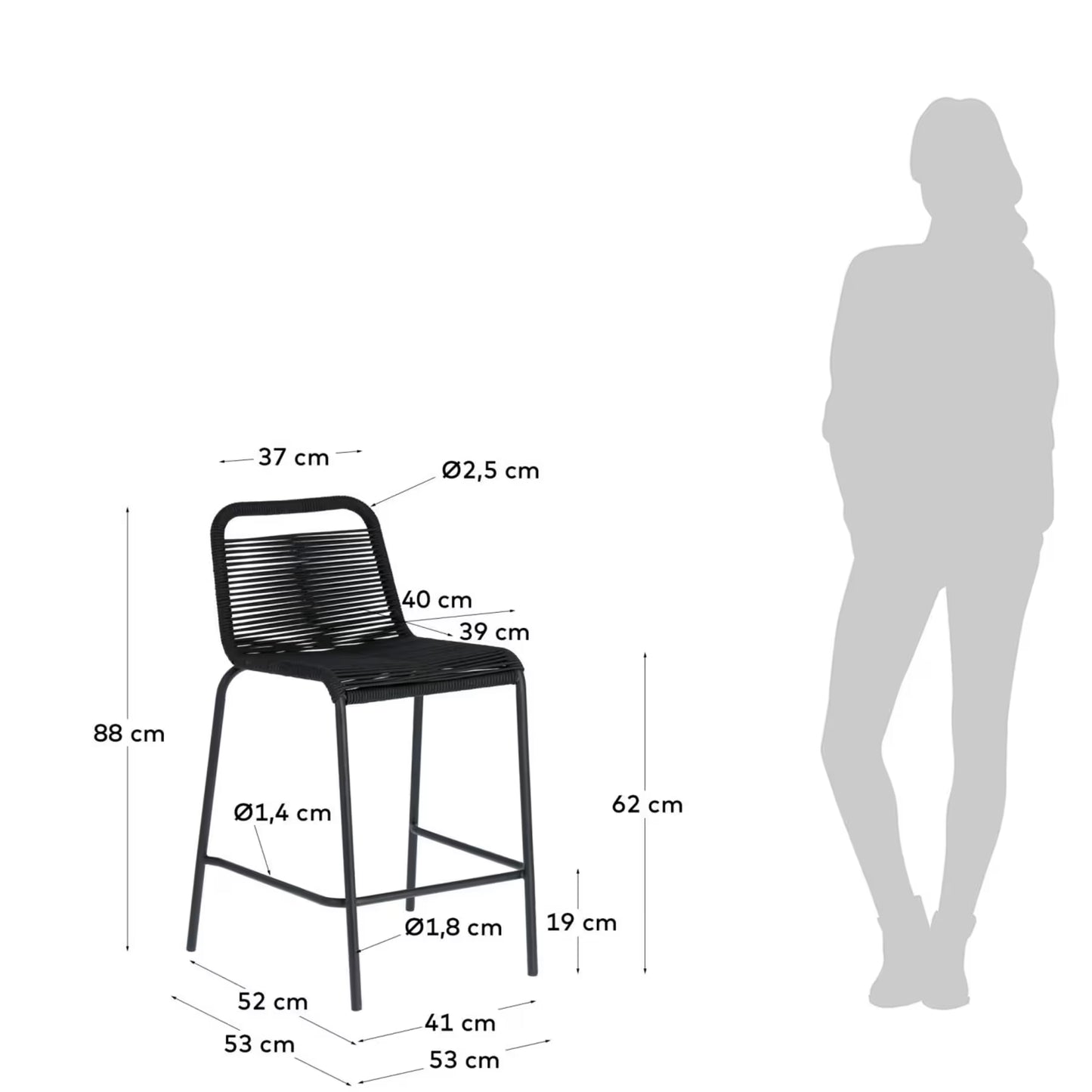 Kave Home Lambton Stackable Stool in Black Rope and Black Finish Steel, 62 cm