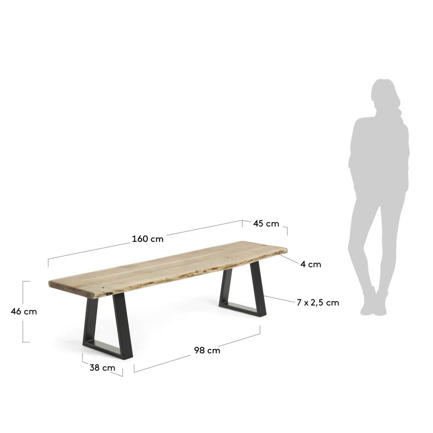 Kave Home Alaia Bench in Solid Acacia Wood with Black Steel Legs, 160 cm