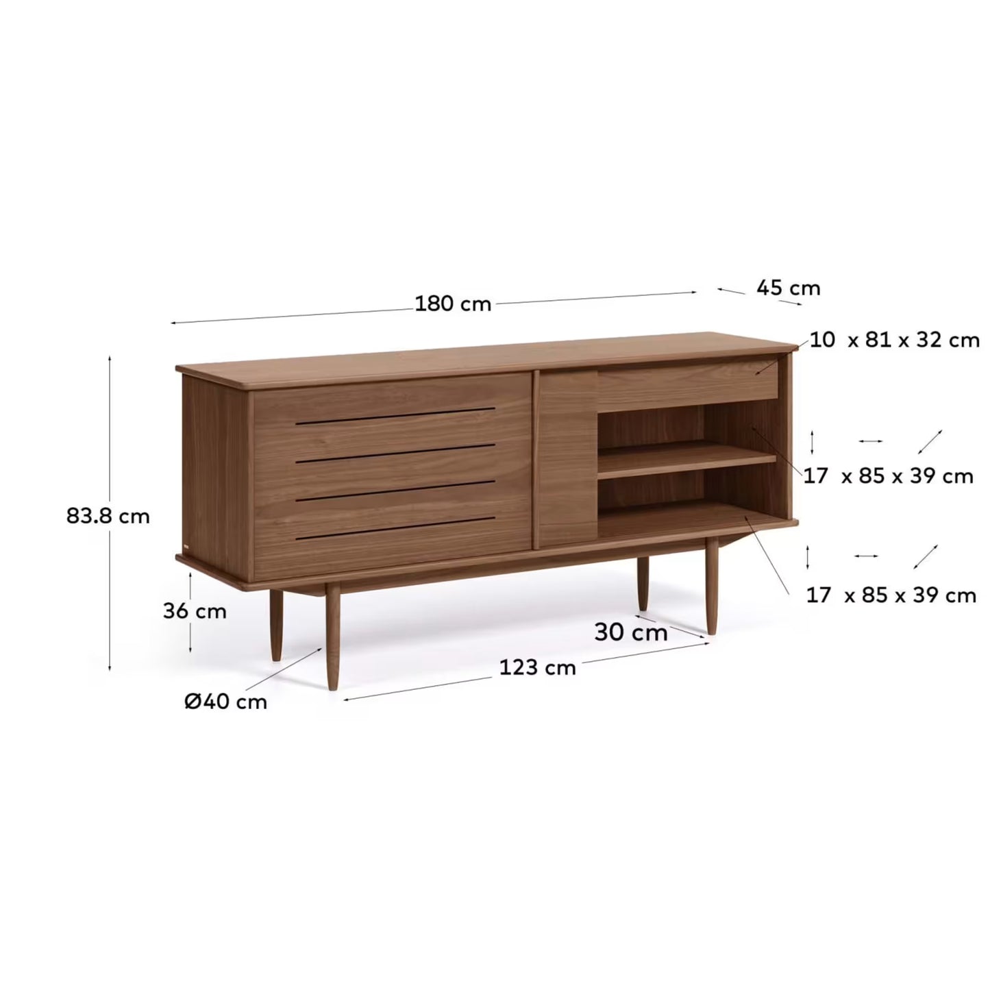 Kave Home Carolin Walnut Wood Veneer Sideboard with 2 Doors and 1 Drawer, 180 x 83.8 cm