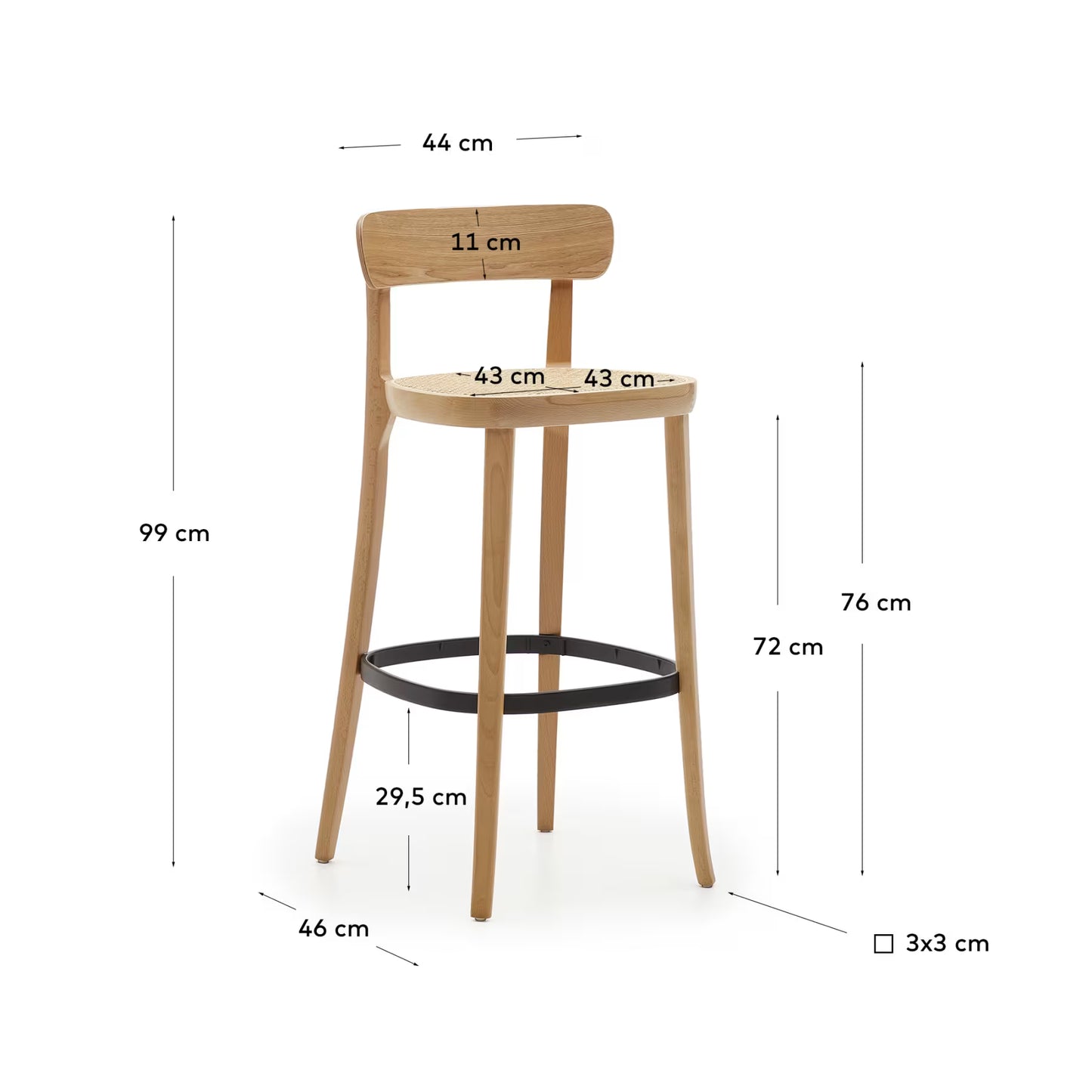 Kave Home Romane Stool Beechwood Stool with a Natural Finish, Ash Wood Veneer and Ratan seat 75 cm
