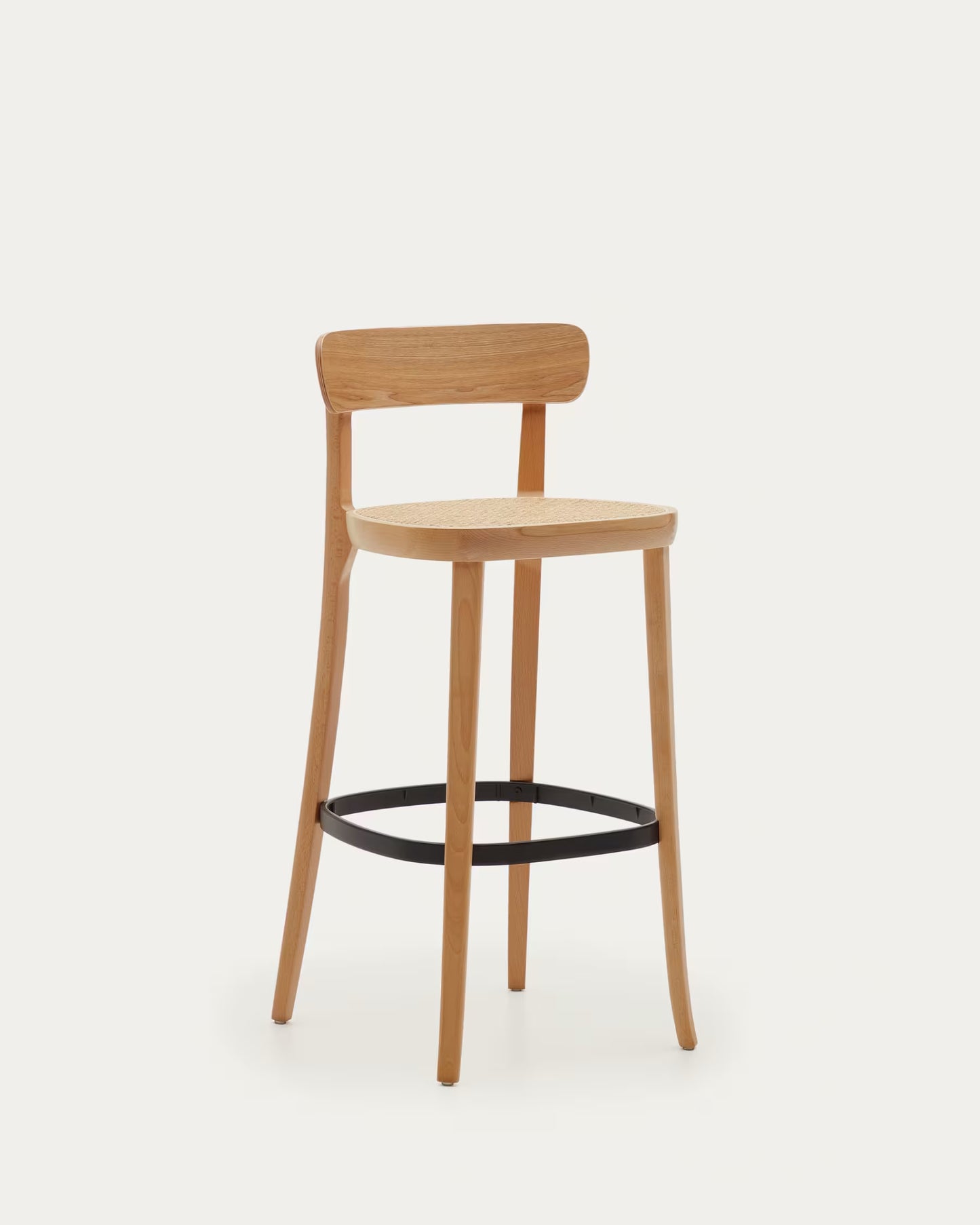 Kave Home Romane Stool Beechwood Stool with a Natural Finish, Ash Wood Veneer and Ratan seat 75 cm