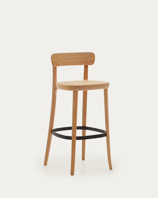 Kave Home Romane Stool Beechwood Stool with a Natural Finish, Ash Wood Veneer and Ratan seat 75 cm