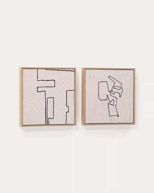 Kave Home Neyra Set of 2 Black and Beige Hand-Painted Abstract Pictures on Recycled Paper 30 x 30 cm