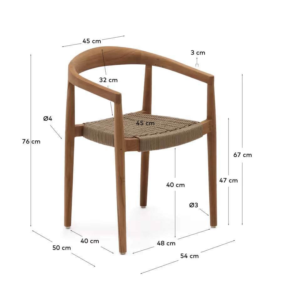 Kave Home Ydalia Stackable Outdoor Chair in Solid Teak Wood with Natural Finish and Beige Rope