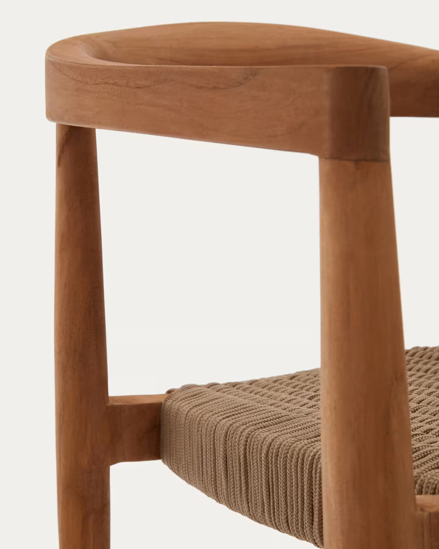 Kave Home Ydalia Stackable Outdoor Chair in Solid Teak Wood with Natural Finish and Beige Rope