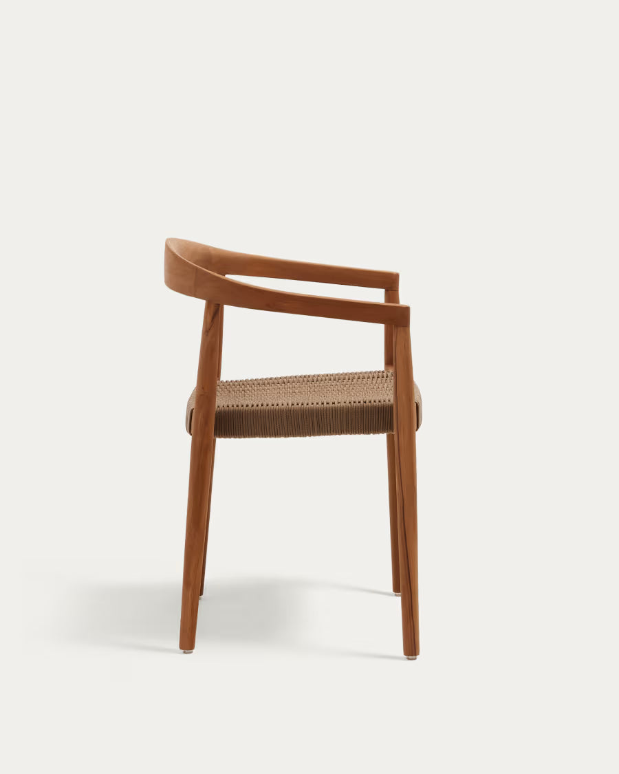 Kave Home Ydalia Stackable Outdoor Chair in Solid Teak Wood with Natural Finish and Beige Rope