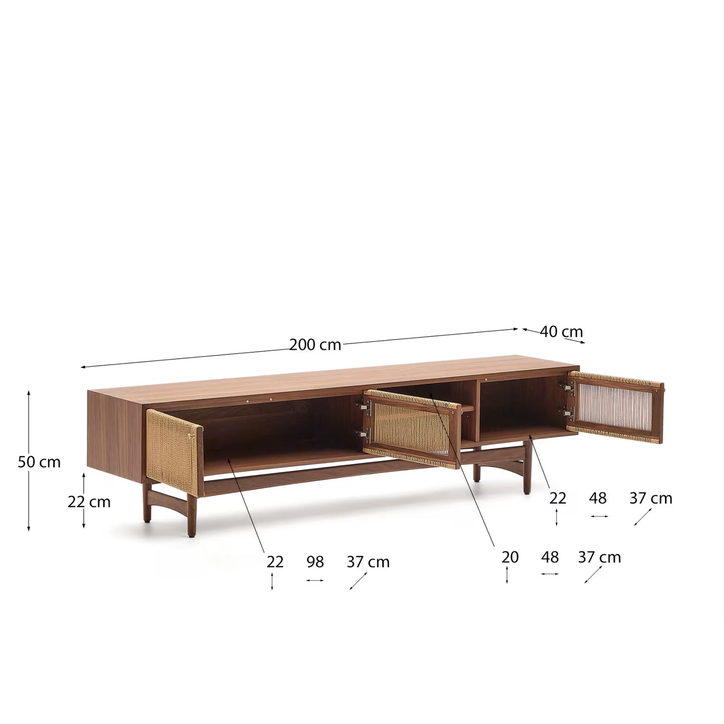 Kave Home Elan TV Cabinet 3 Doors Veneer and Solid Walnut and Cord 200 x 50 cm FSC Mix Credit