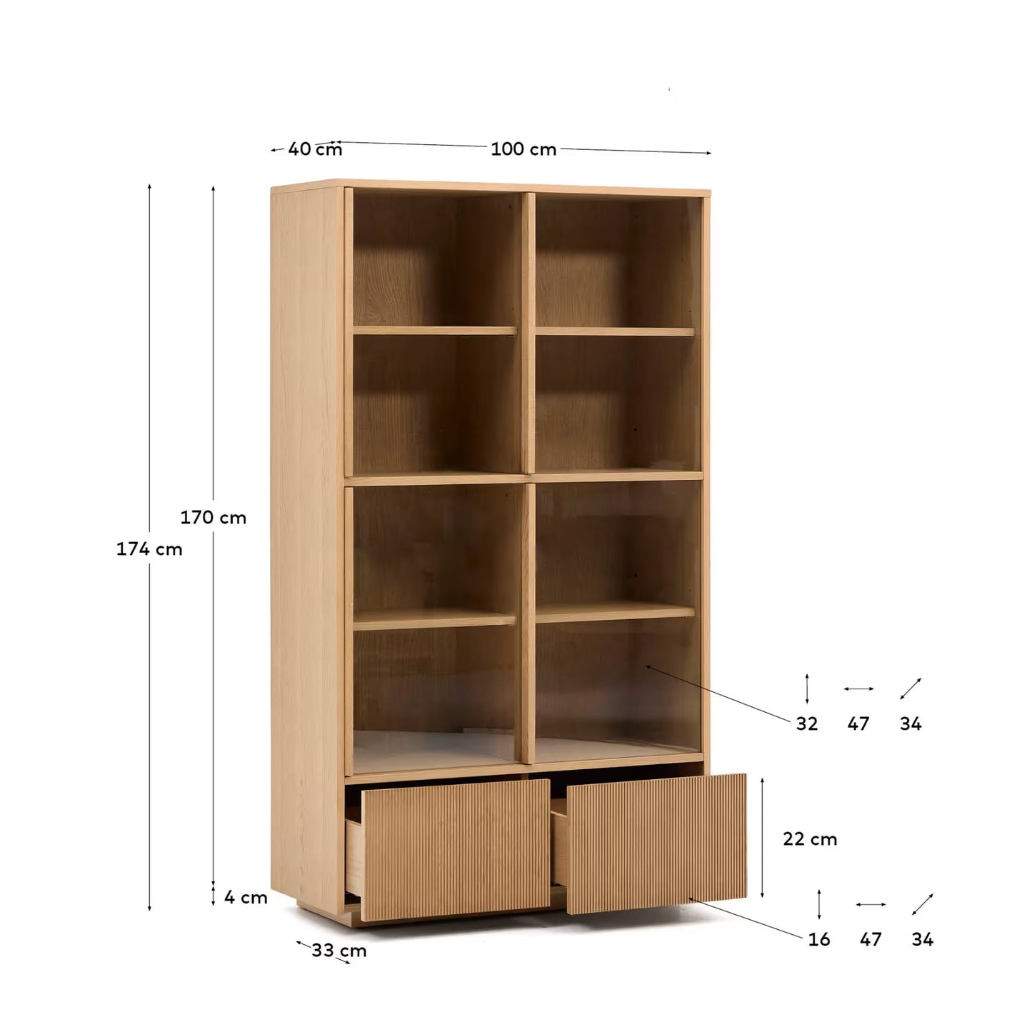 Kave Home Helvine Display Cabinet 4 Doors 2 Drawers Oak Veneer and Tempered Glass 100 x 174 cm FSC 100%