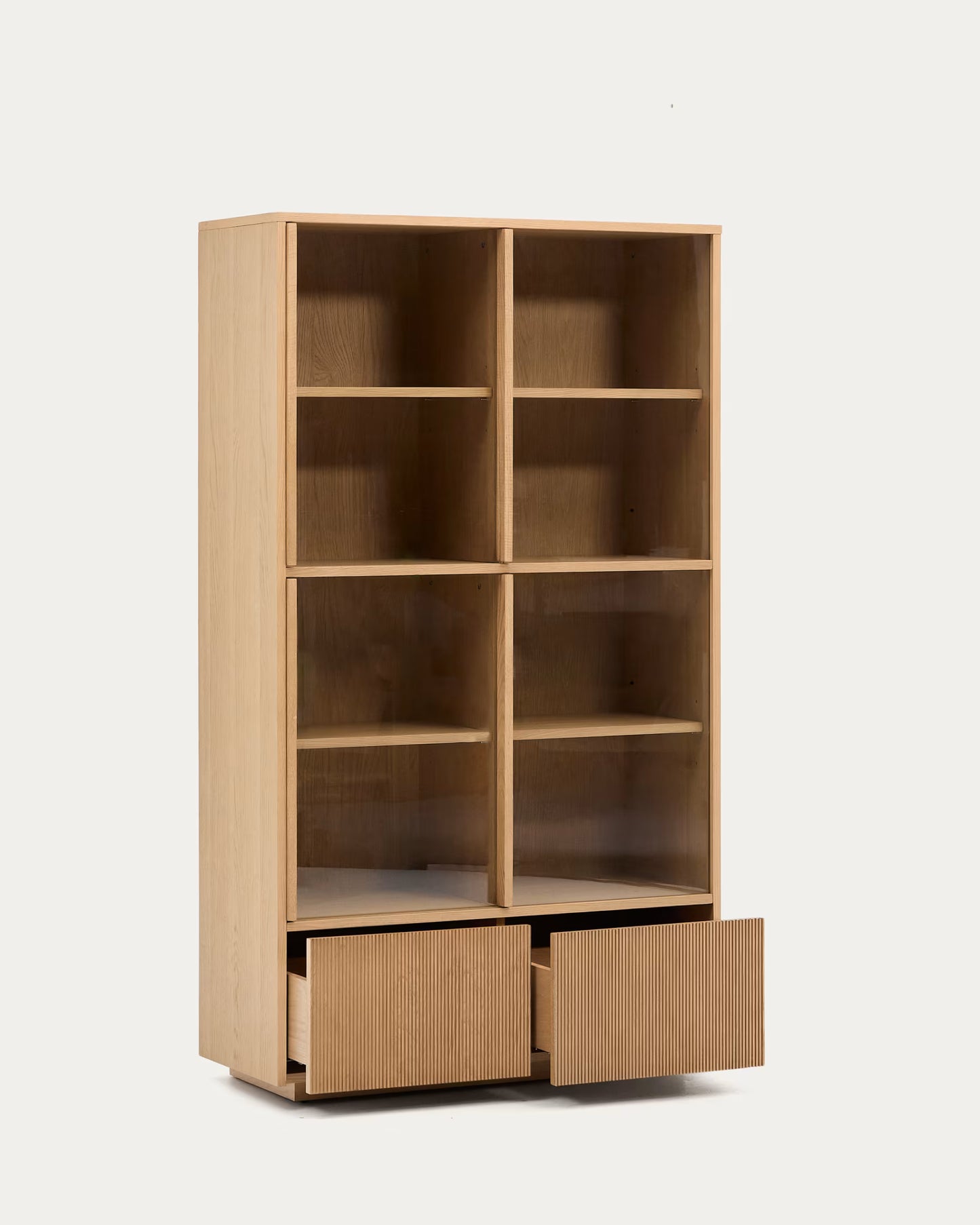 Kave Home Helvine Display Cabinet 4 Doors 2 Drawers Oak Veneer and Tempered Glass 100 x 174 cm FSC 100%
