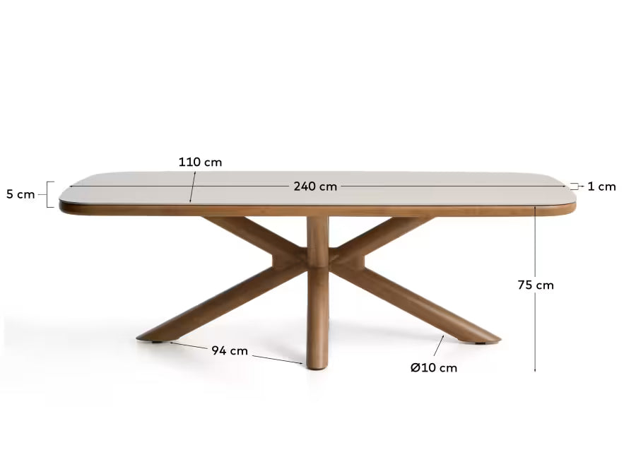 Kave Home Mirtia Outdoor Table in Wood-Effect Aluminium and Ecru Sintered Stone 240 x 110cm