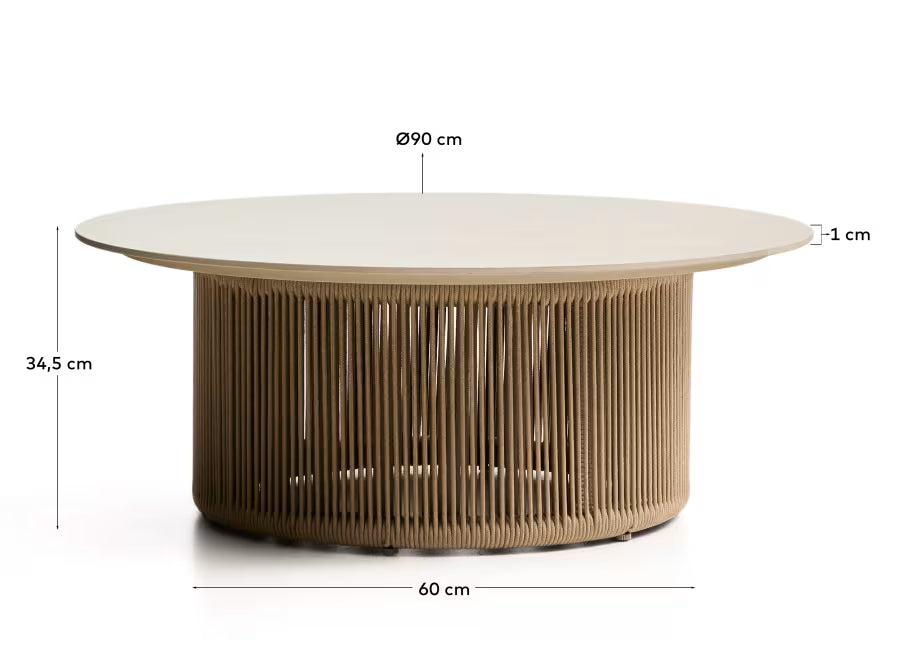 Kave Home Orosei Outdoor Coffee Table in Sintered Stone, Ecru Aluminium and Beige Rope Ø 90 cm