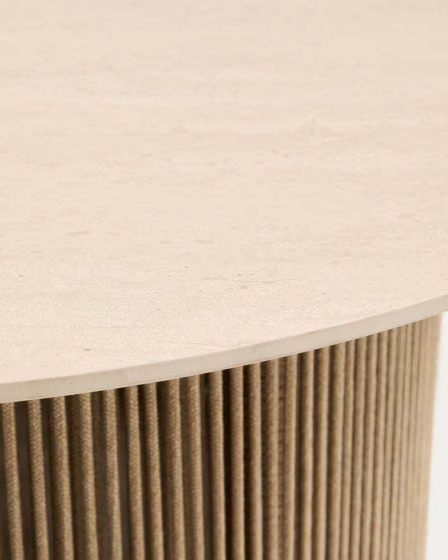 Kave Home Orosei Outdoor Coffee Table in Sintered Stone, Ecru Aluminium and Beige Rope Ø 90 cm