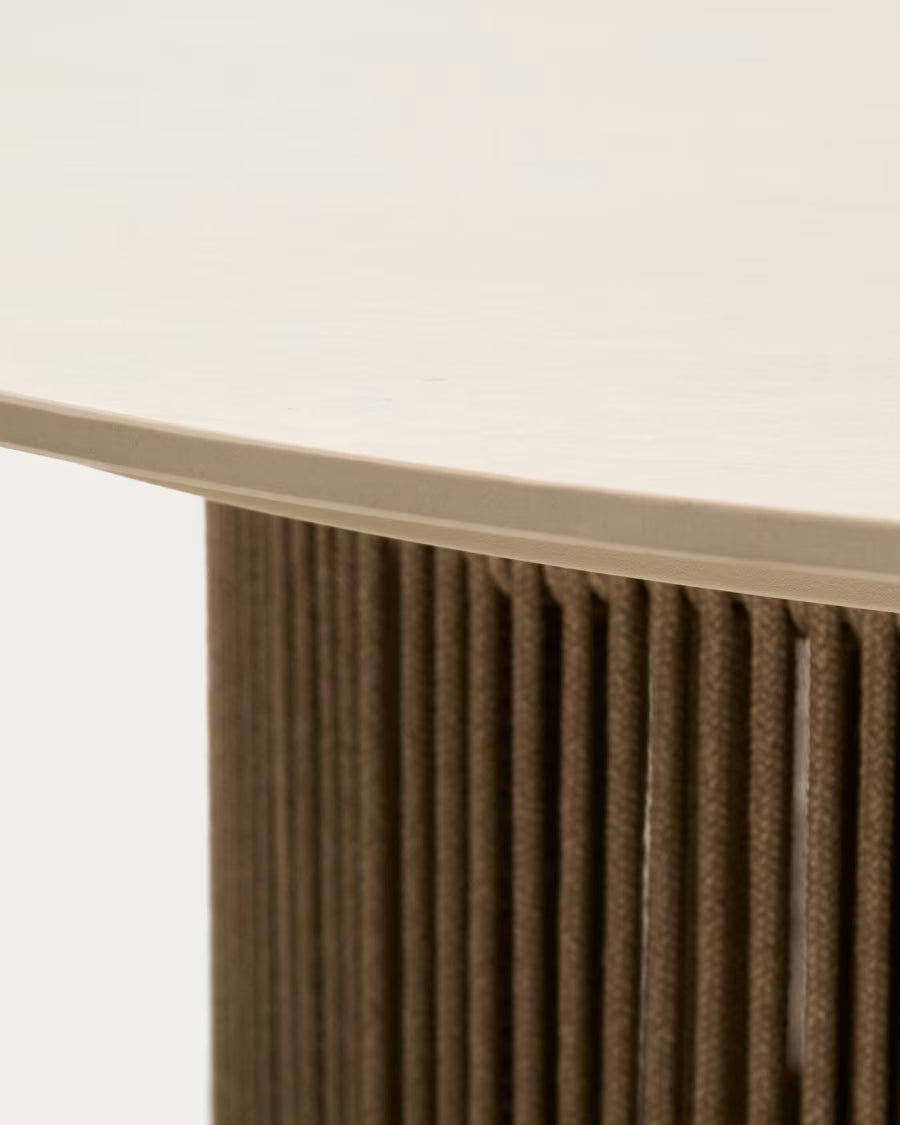 Kave Home Orosei Outdoor Coffee Table in Sintered Stone, Ecru Aluminium and Beige Rope Ø 90 cm
