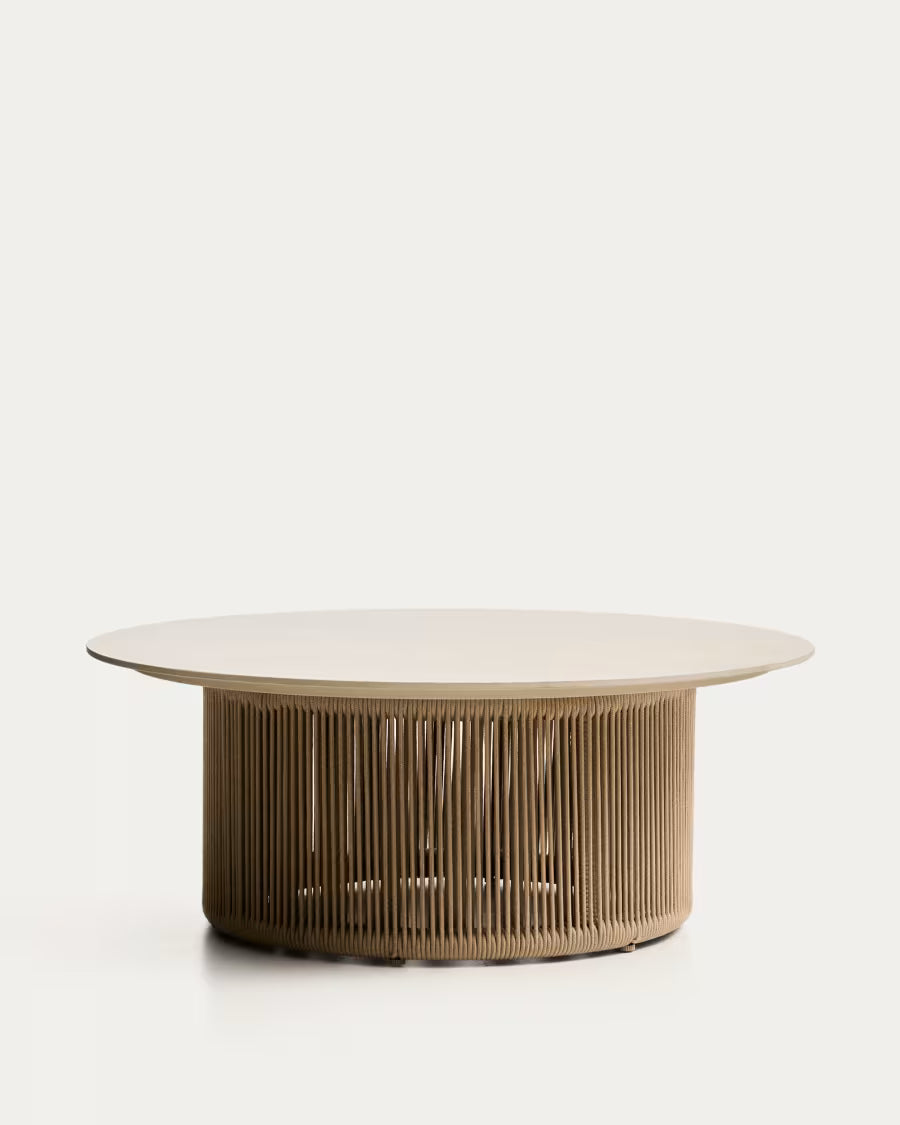 Kave Home Orosei Outdoor Coffee Table in Sintered Stone, Ecru Aluminium and Beige Rope Ø 90 cm