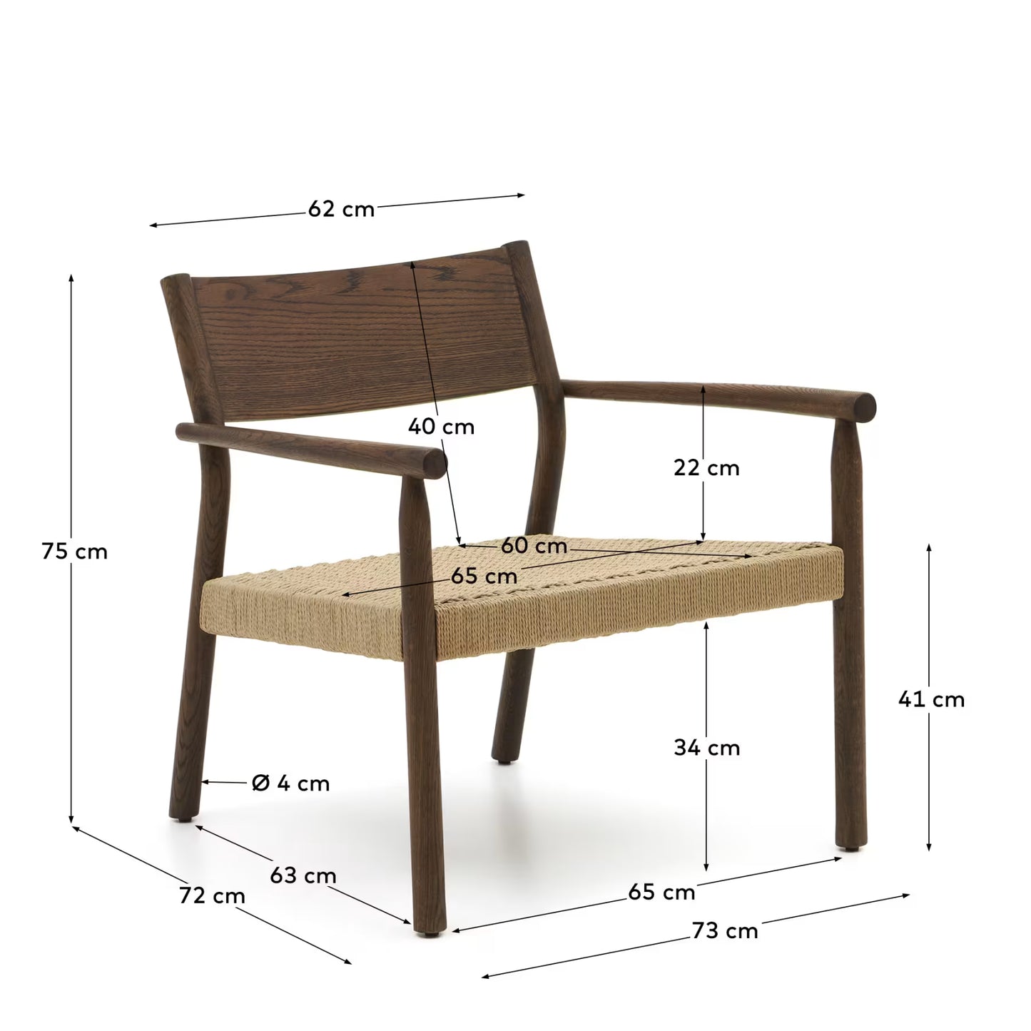 Kave Home Yalia Armchair in Solid Oak Wood with Walnut Finish and Paper Rope Seat FSC Mix Credit.