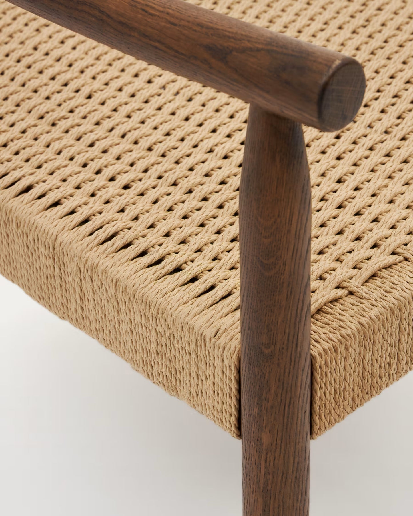 Kave Home Yalia Armchair in Solid Oak Wood with Walnut Finish and Paper Rope Seat FSC Mix Credit.