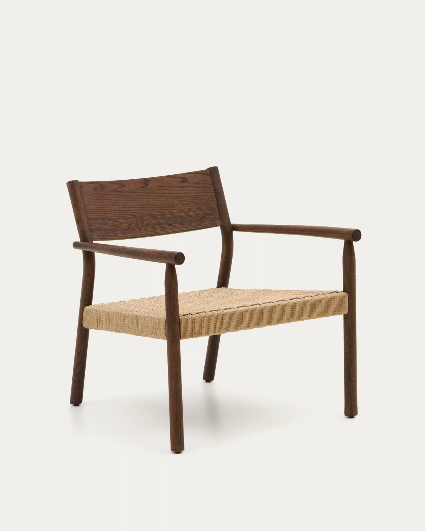 Kave Home Yalia Armchair in Solid Oak Wood with Walnut Finish and Paper Rope Seat FSC Mix Credit.