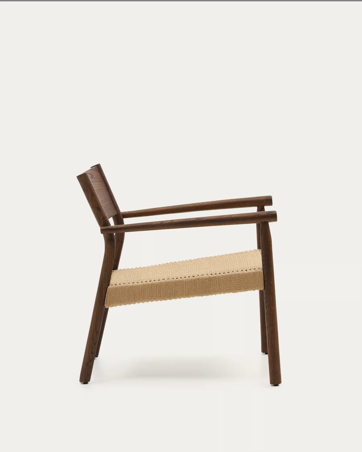 Kave Home Yalia Armchair in Solid Oak Wood with Walnut Finish and Paper Rope Seat FSC Mix Credit.