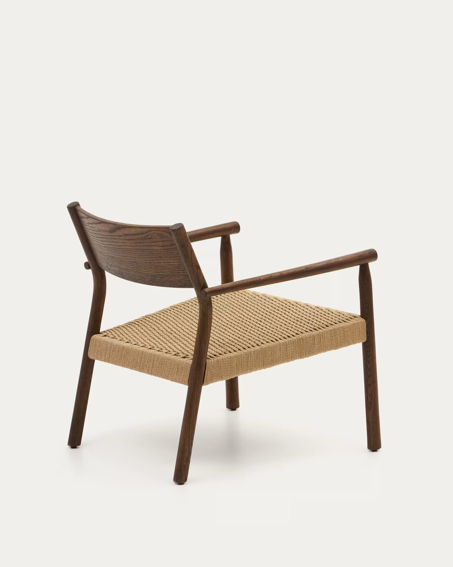 Kave Home Yalia Armchair in Solid Oak Wood with Walnut Finish and Paper Rope Seat FSC Mix Credit.