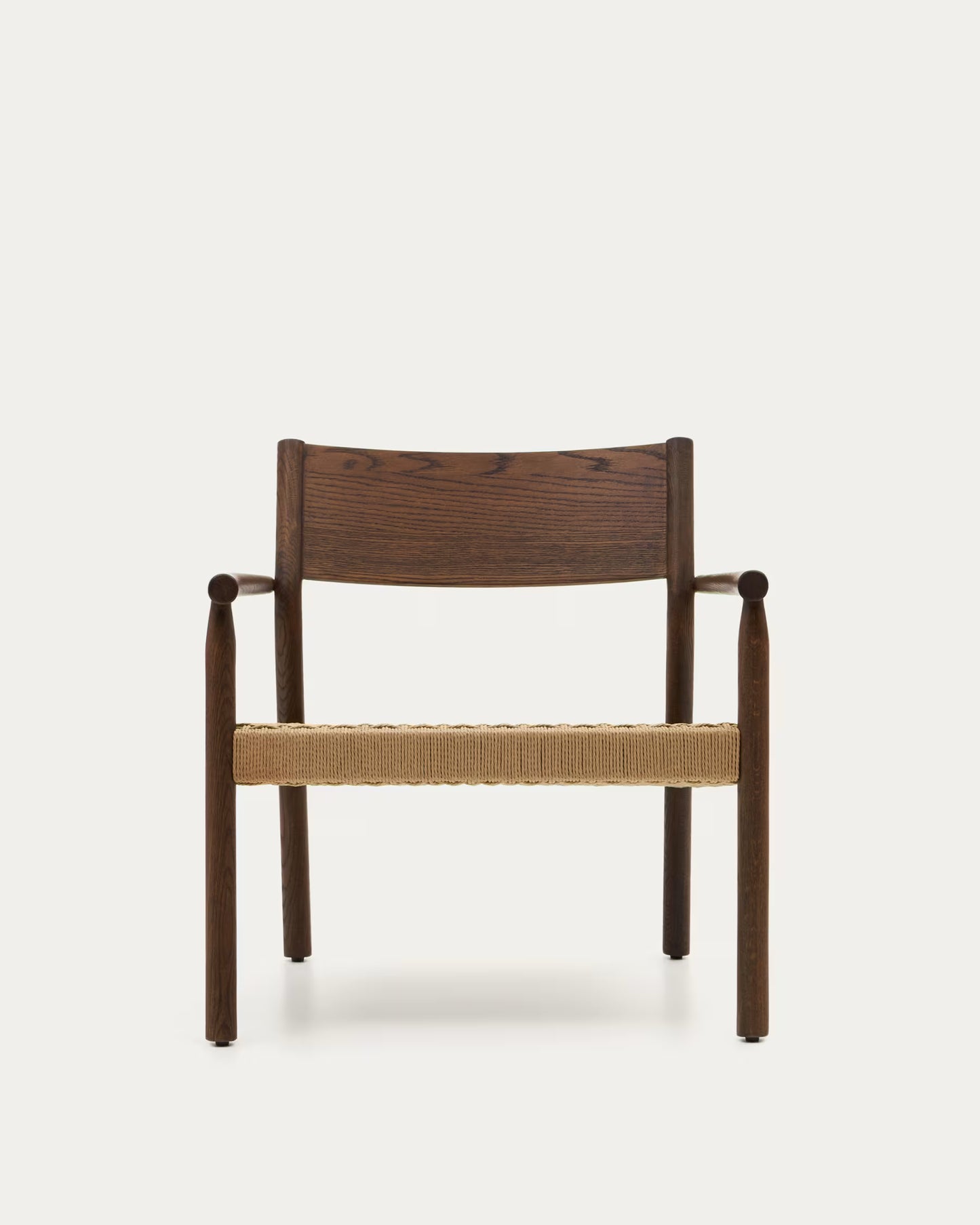 Kave Home Yalia Armchair in Solid Oak Wood with Walnut Finish and Paper Rope Seat FSC Mix Credit.
