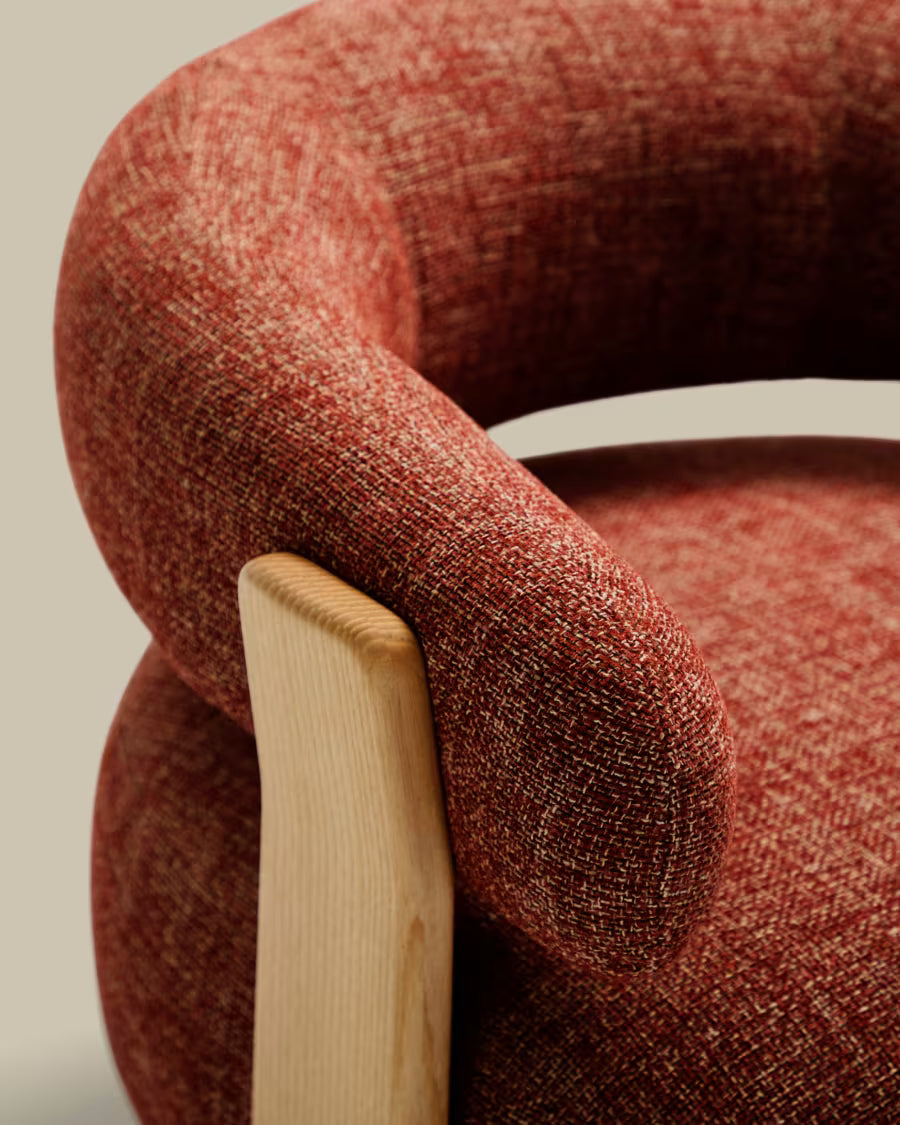 Kave Home Granite Fire-Retardant Armchair in Terracotta Chenille and Solid Ash Wood with Natural-Coloured Finish FSC 100%