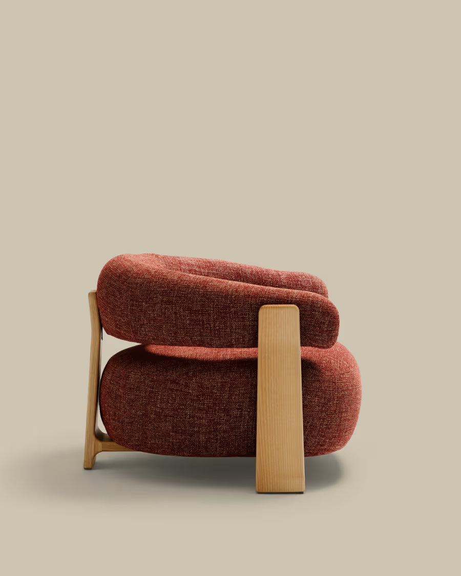 Kave Home Granite Fire-Retardant Armchair in Terracotta Chenille and Solid Ash Wood with Natural-Coloured Finish FSC 100%