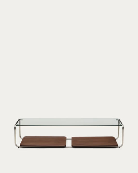 Kave Home Tarsel Coffee Table in Tempered Glass with Walnut Veneer Tray with Brushed Stainless Steel Structure 140 x 60 cm FSC 100%