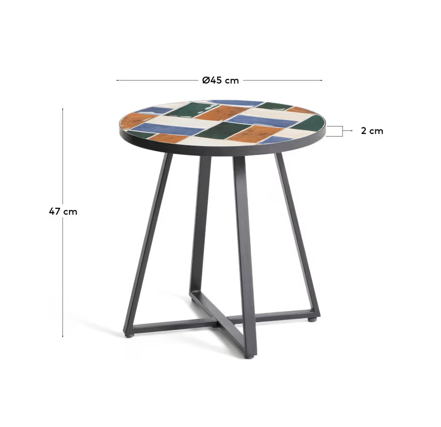 Kave Home Tella Round Side Table in Graphite Galvanised Steel with Multicoloured Tiles Ø45 cm