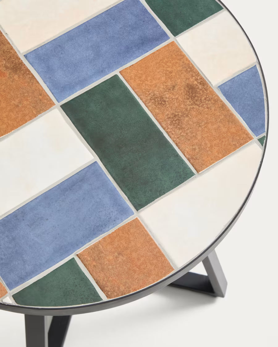 Kave Home Tella Round Side Table in Graphite Galvanised Steel with Multicoloured Tiles Ø45 cm