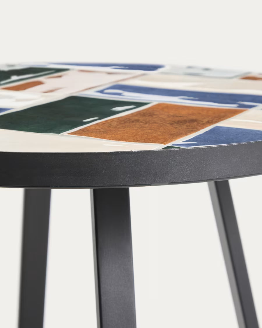 Kave Home Tella Round Side Table in Graphite Galvanised Steel with Multicoloured Tiles Ø45 cm